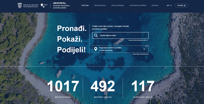 Poveznica na Geoportal NIPP-a Slika prikazije naslovnu stranu Geoportala NIPP-a na kojuj su vidljivi ukupni brojevi zapisa metapodataka, usluga i subjekata NIPP-a